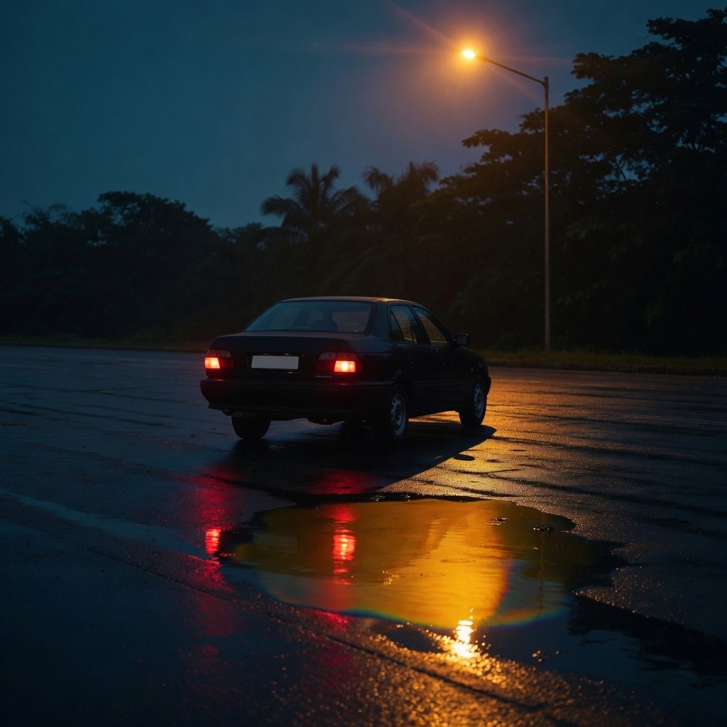 Carro parado sozinho em via molhada a noite, sob a luz ambar de um poste