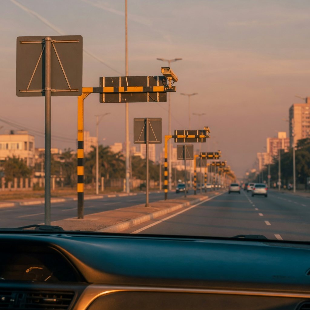 Avenida urbana ao entardecer vista de dentro do carro, com uma sequencia de radares e placas ao longo da via