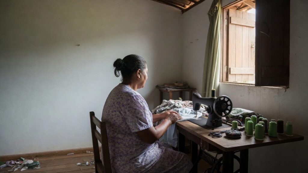 Costureira sentada diante de uma maquina de costura antiga, com as maos paradas sobre o tecido