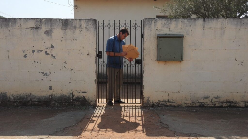 Homem junto ao portao de casa segurando envelopes fechados recem-tirados da caixa de correio
