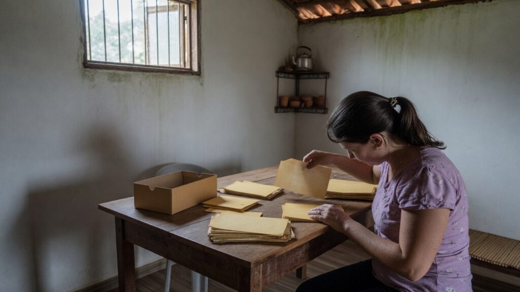 Mulher organizando papeis antigos de uma caixa em pilhas sobre a mesa de casa