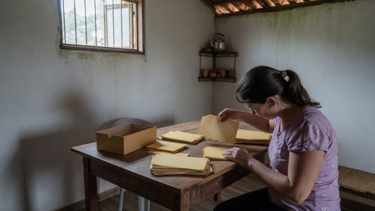 Mulher organizando papeis antigos de uma caixa em pilhas sobre a mesa de casa