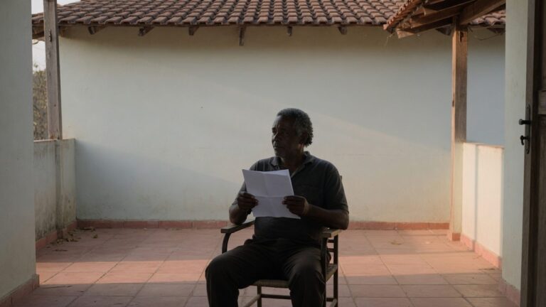 Homem sentado na varanda segurando uma folha dobrada, pensativo, depois de ler uma resposta