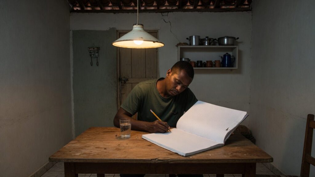 Homem estudando a noite na mesa da cozinha, com um caderno aberto e um lapis sob a luz de uma luminaria