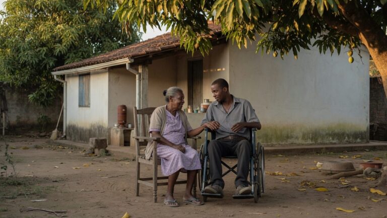 Senhora sentada no quintal conversando com o neto, que usa cadeira de rodas, a sombra de uma mangueira